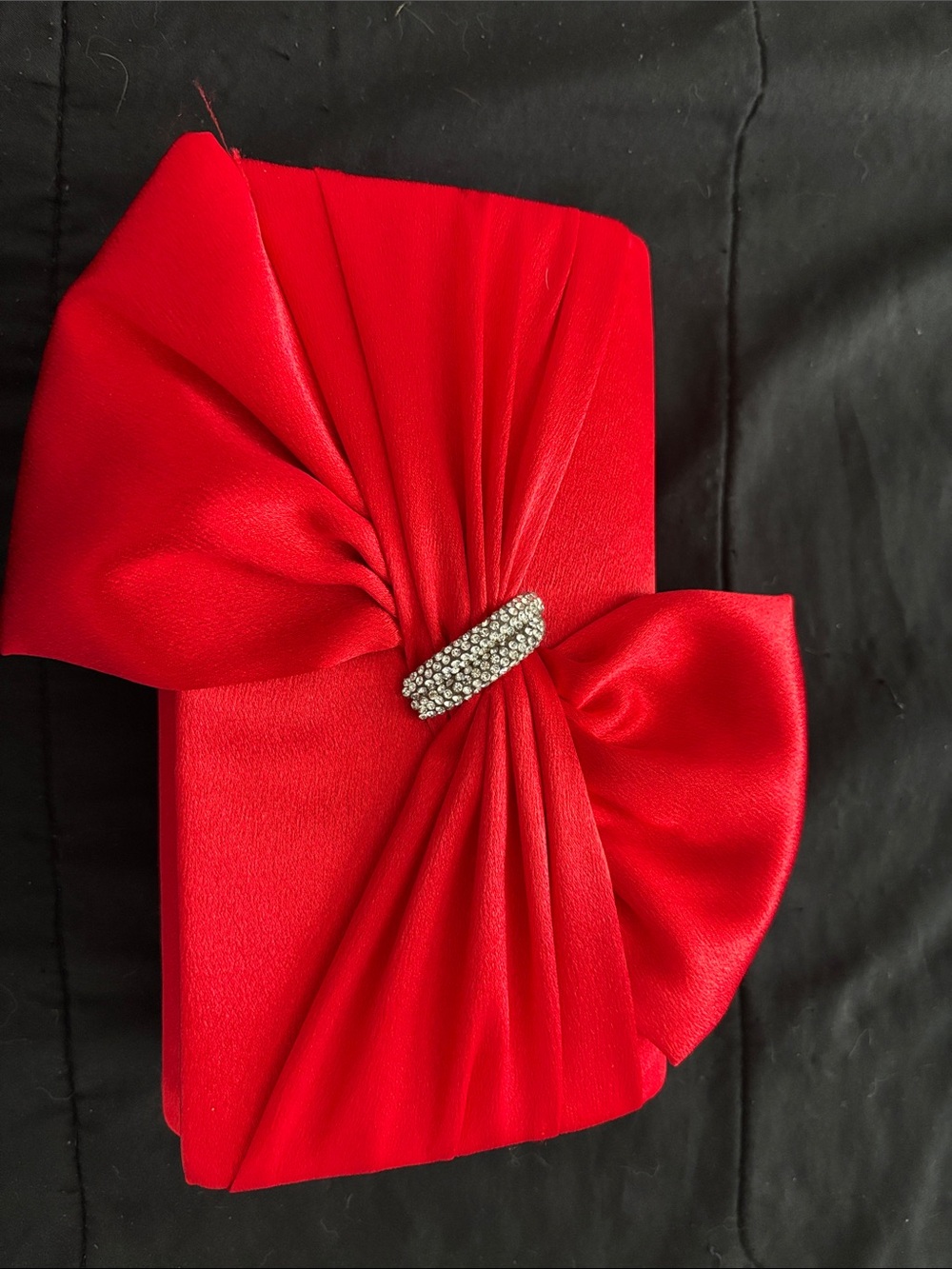 Red Satin Bow Clutch with Crystal Bar Accent
